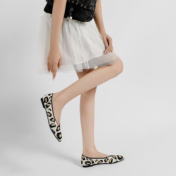 Women's Leopard Casual Dressy Ballet Pointed Toe Leopard Flats Mesh Office Shoes - Picture 2 of 6